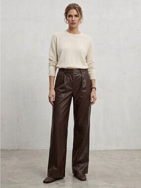New PrettyLittleThing Highrise Brown Wide Leg Faux Leather Vegan Pants Size 10